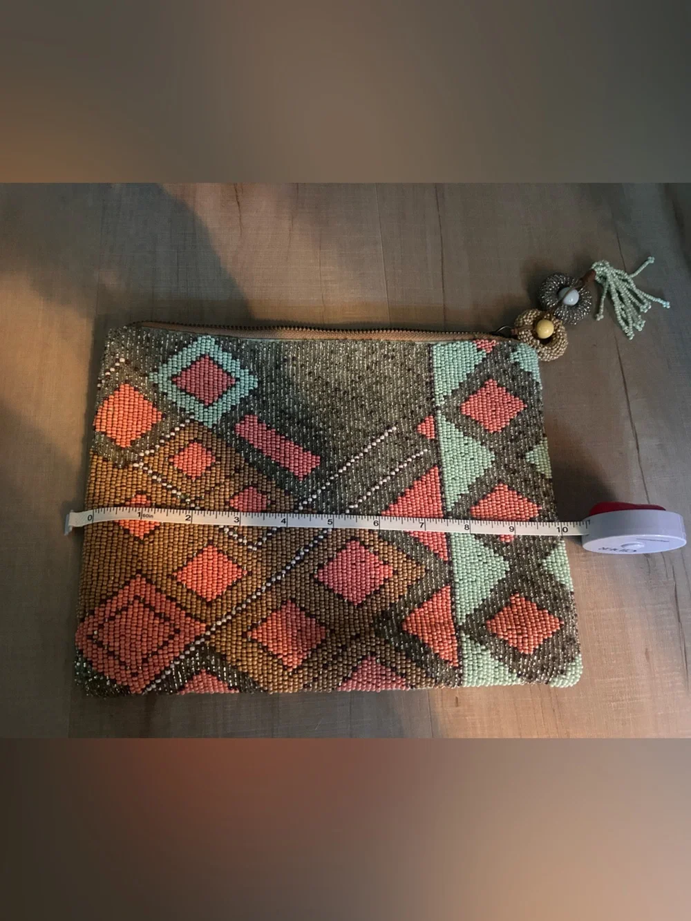 Anthropologie Beaded Boho Pattern Wristlet Clutch in Coral, Mint & Brown - Picture 3 of 3